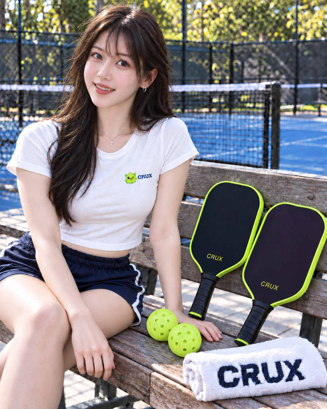 微笑女性穿著 CRUX 小怪獸短版 Tee，與匹克球拍在球場邊合影