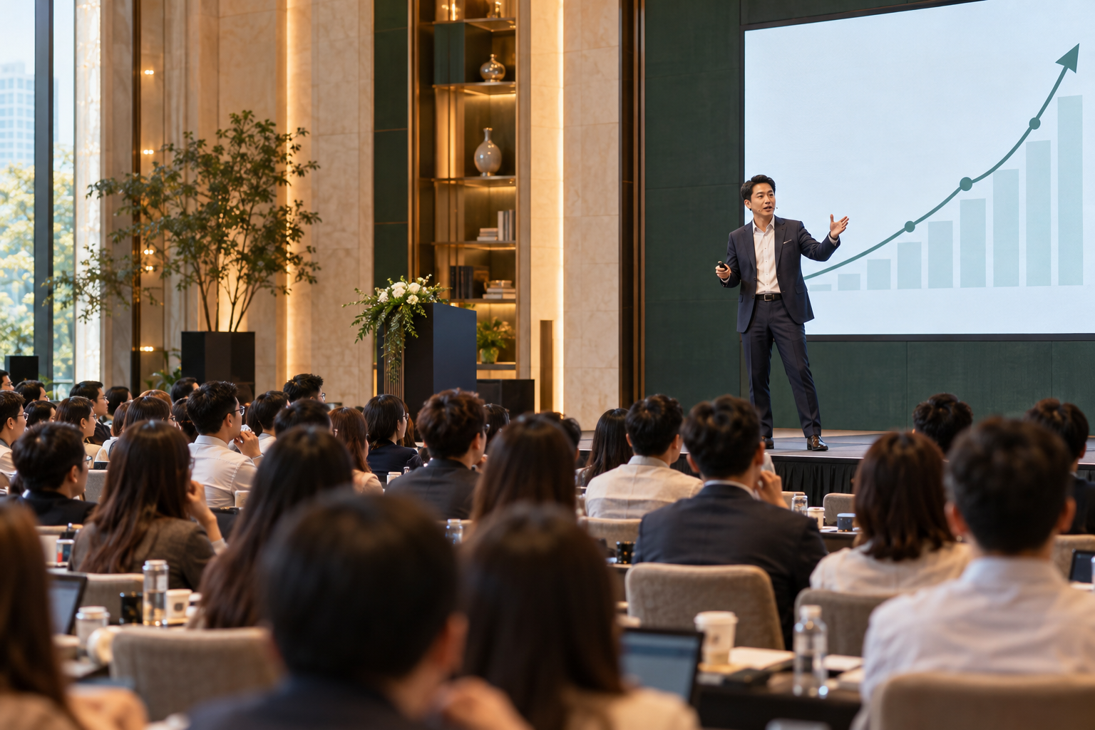 講師向台下學員講解的 AI 生成情境圖